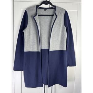 Talbots Gray Navy Colorblock Knit Cardigan Sweater Open Front Merino Wool M